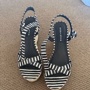 Alice + Olivia Black and White Striped Slingback Wedge Sandals